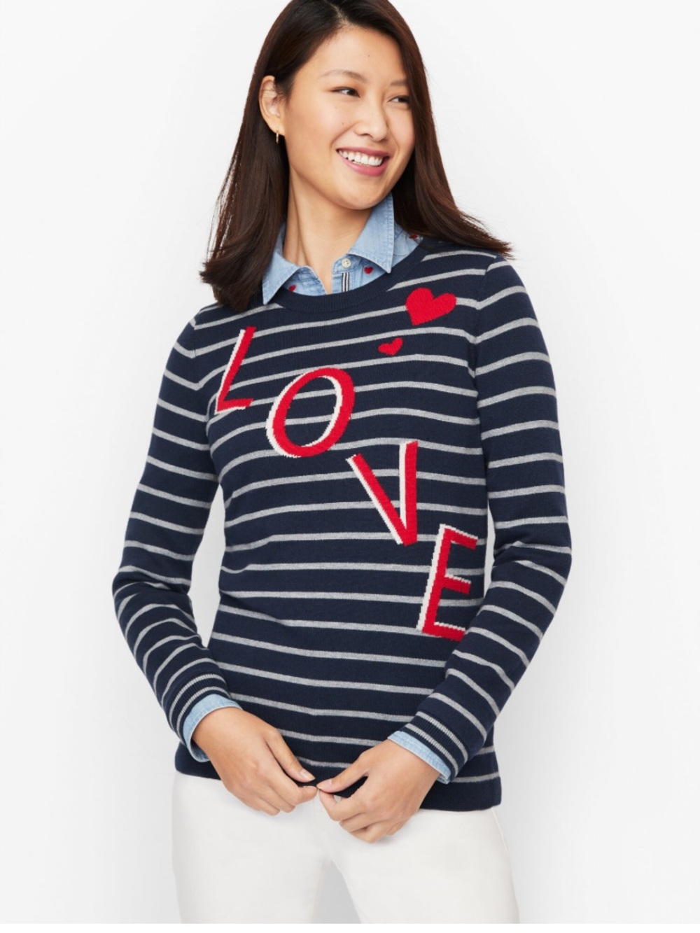 Talbots NWT Love Hearts Navy Blue Stripes Valentine’s Day Light Knit Sweater M